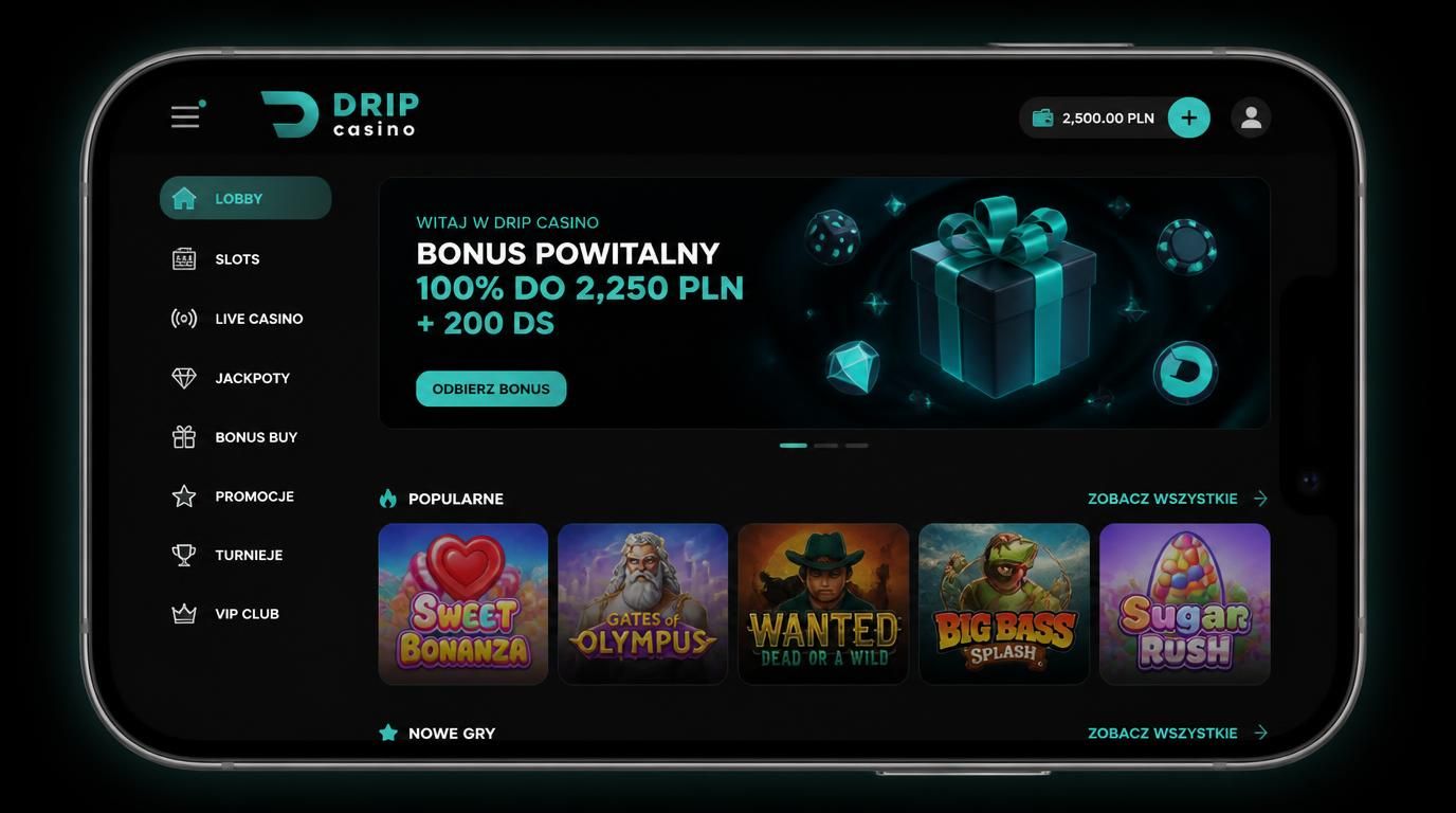 Interfejs mobilny Drip Casino z menu hamburger i szybkim dostępem do kluczowych sekcji