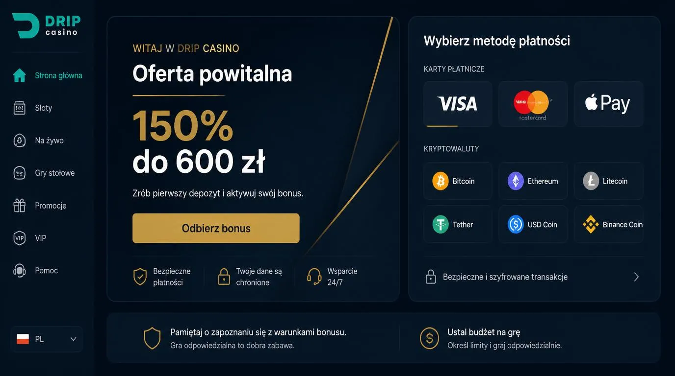 Ekran kasyna z bonusem powitalnym i wyborem płatności kartą oraz kryptowalutą